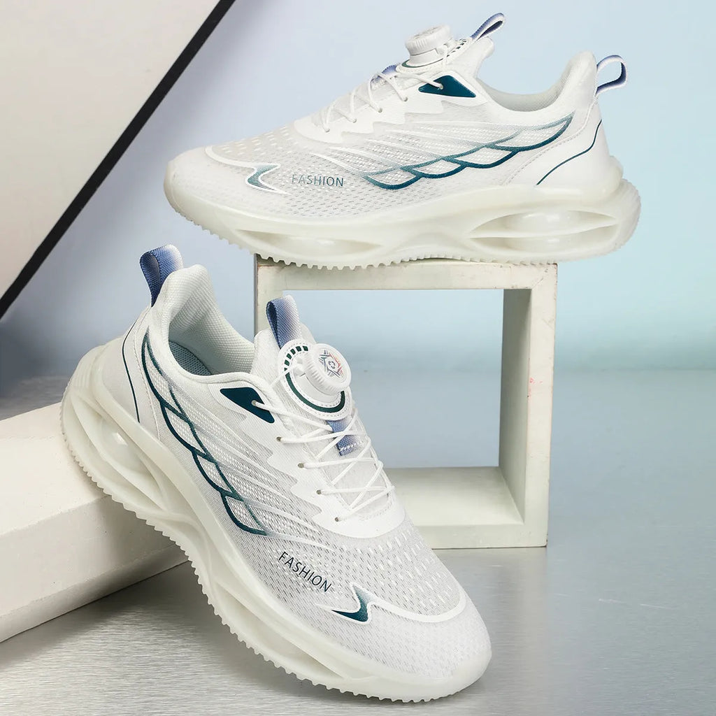 Casual breathable running shoes in sky blue, black gold, or white with mesh upper and rubber sole