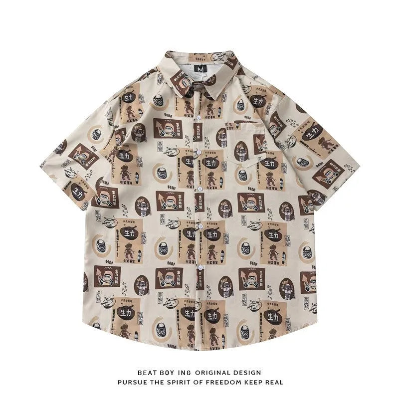 Men's loose fit floral print short sleeve button-up shirt in lightweight polyester