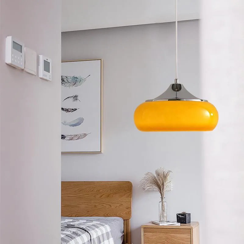Bauhaus pendant light with three milk white egg tart glass shades for ceiling mounting