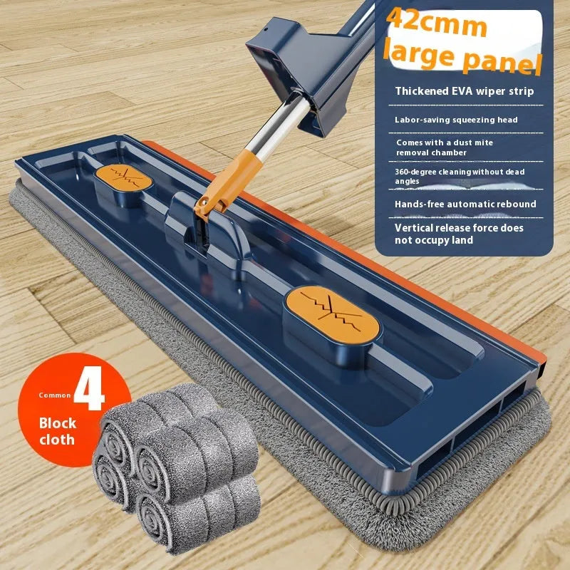 Large flat mop with 360 rotating head and stainless steel extended handle for home floor cleaning