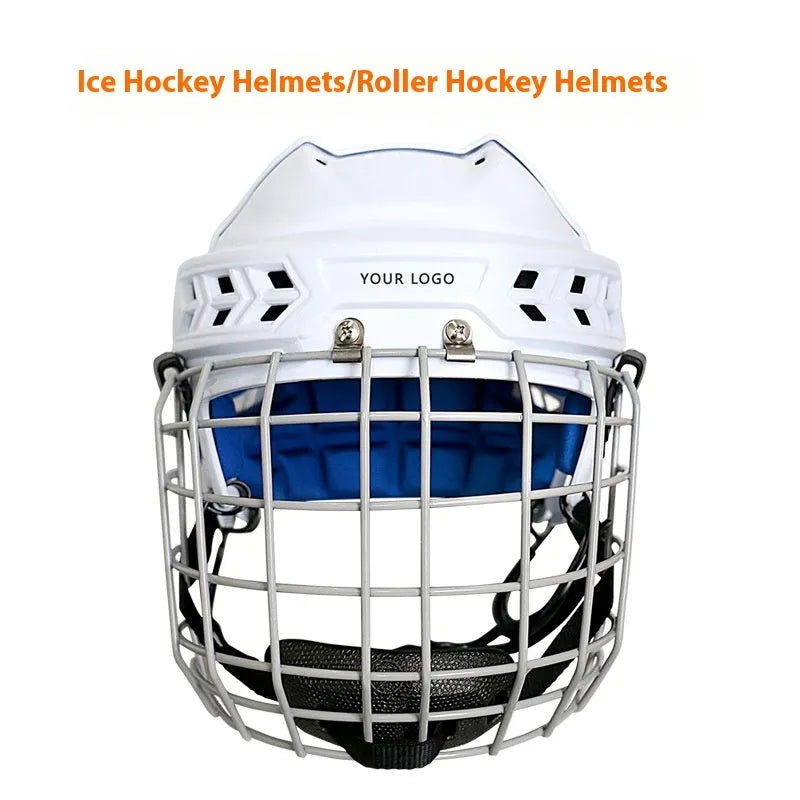 Ice hockey protective helmet with carbon steel face mask showing EVA lining