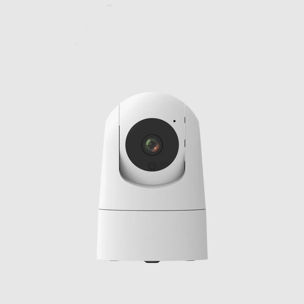 White indoor security camera with pan/tilt base on a shelf, showing wall mount screws.