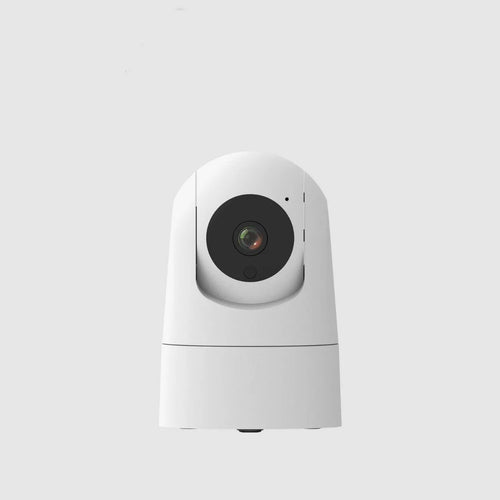 White indoor security camera with pan/tilt base on a shelf, showing wall mount screws.