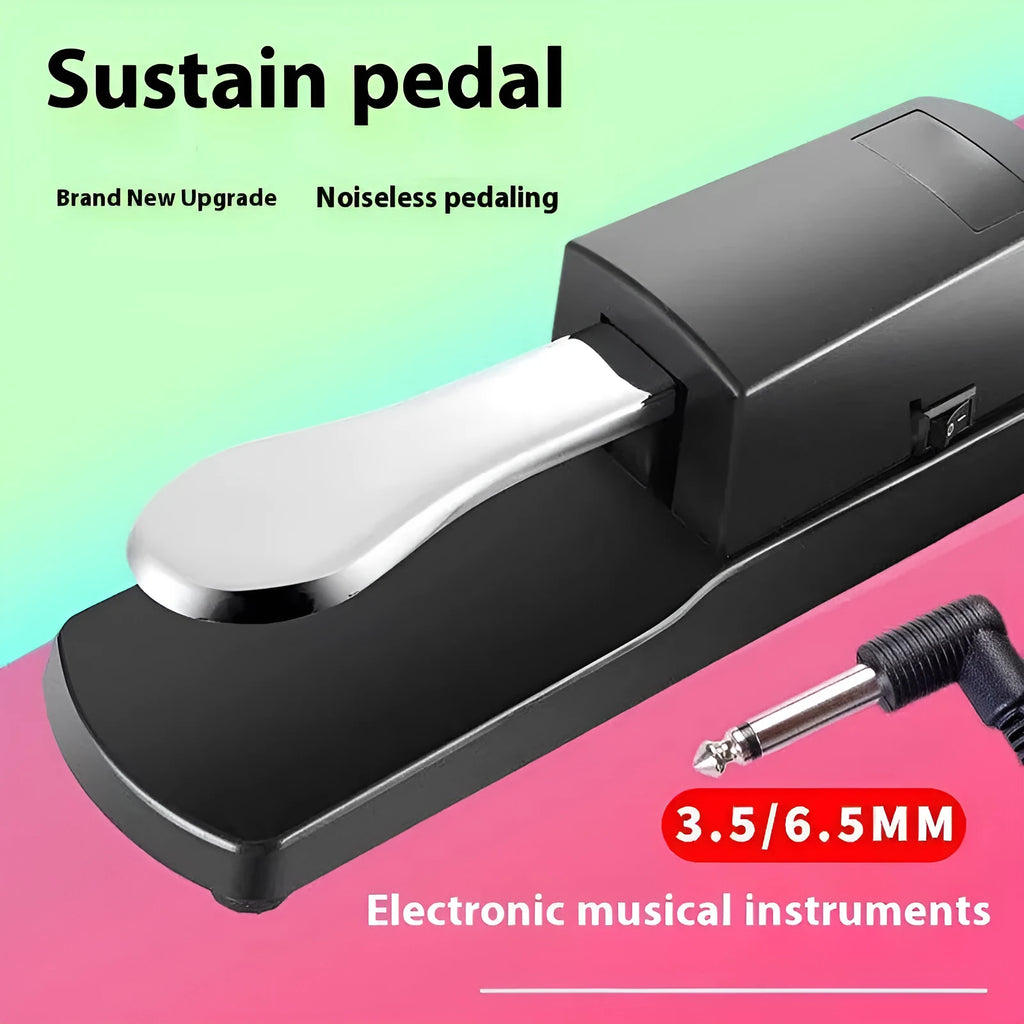 Black single leg sustain pedal for electronic keyboards on a flat surface.