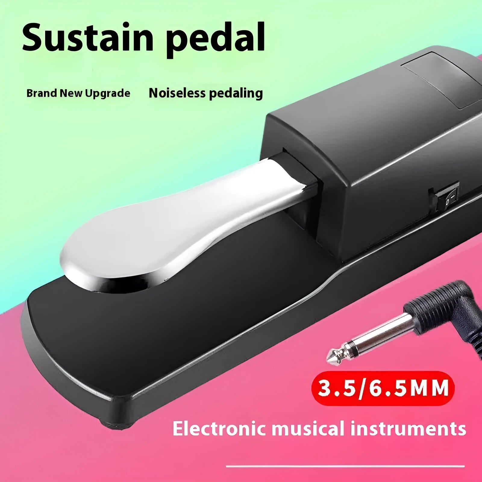 Black single leg sustain pedal for electronic keyboards on a flat surface.