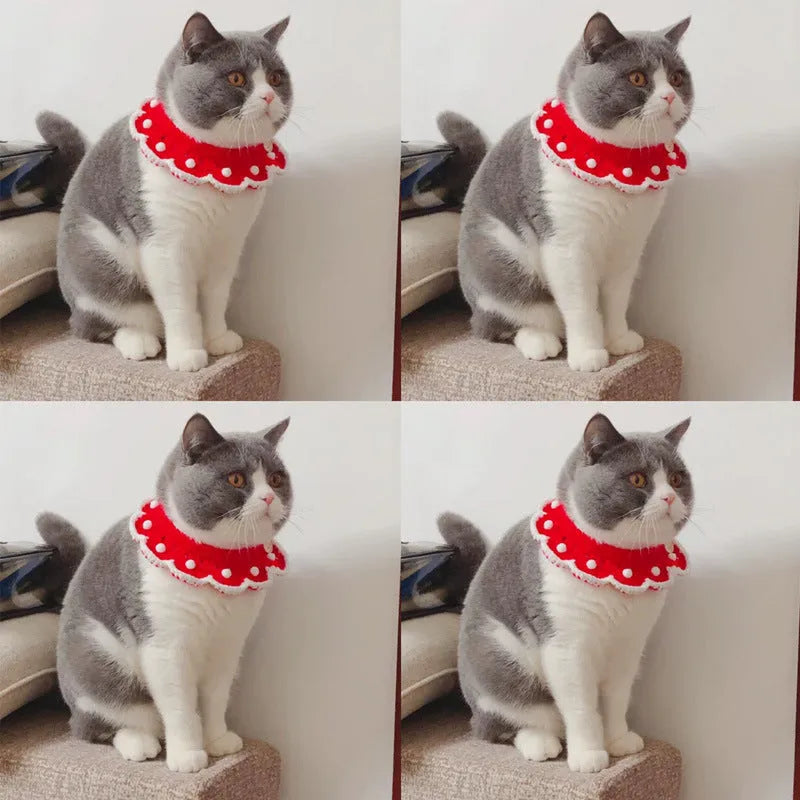 Hand-knitted milk cotton pet collar with cartoon embroidery in customisable colours and sizes.