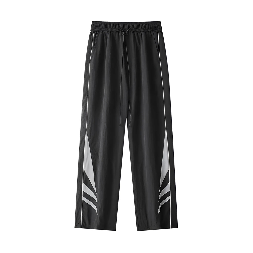 Men's grey straight-leg casual trousers with a stretch waistband on a hanger.