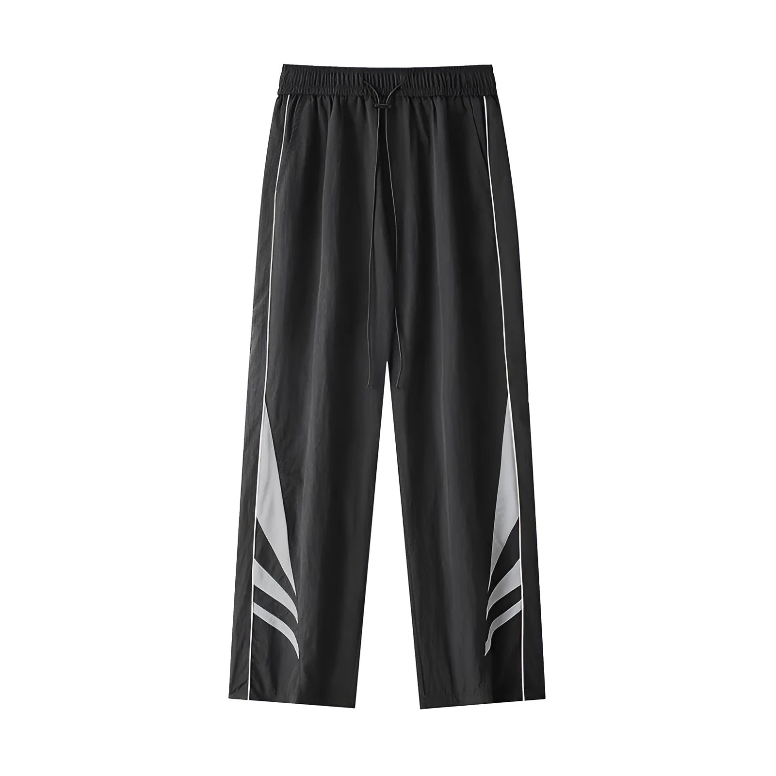 Men's grey straight-leg casual trousers with a stretch waistband on a hanger.