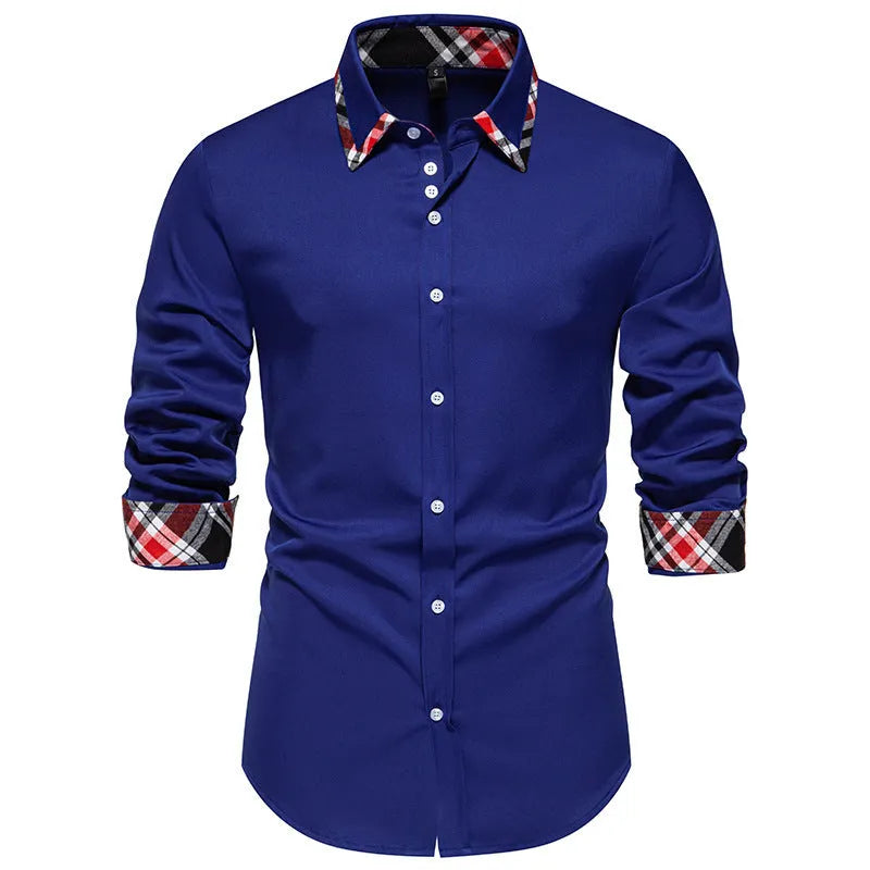 Men's casual blue plaid long sleeve shirt with a triangle collar, laid flat