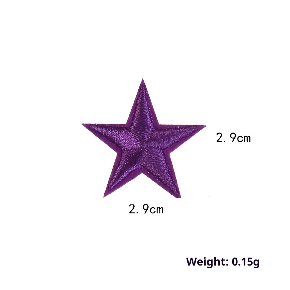 Colourful embroidered five-pointed star designs on cloth sticker labels for DIY clothing customisation.