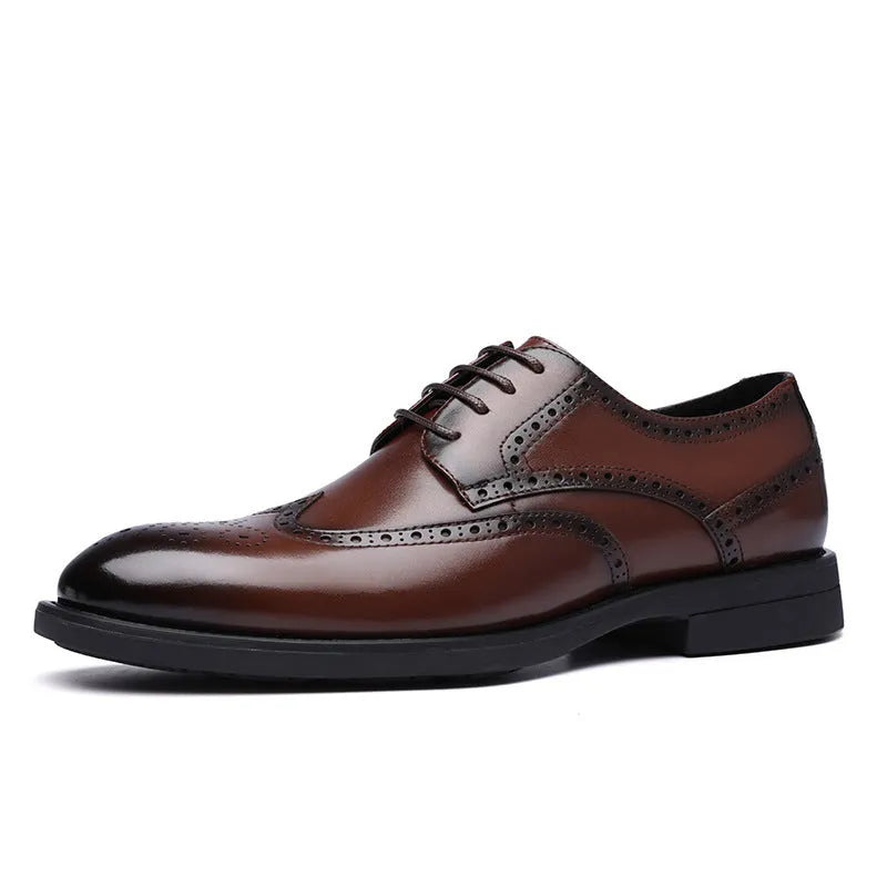 Men's black and brown brogue leather shoes in business style with traditional detailing