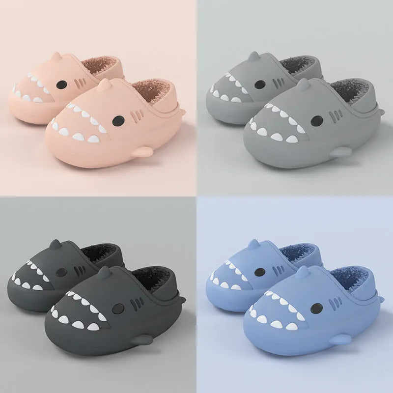 Haze blue shark slippers unisex EVA thickened plush winter house shoes with baotou style