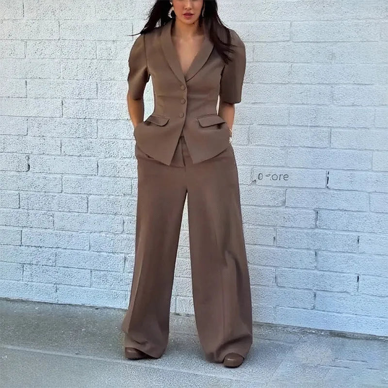 Brown polyester two-piece suit with trousers and matching top slim fit waist