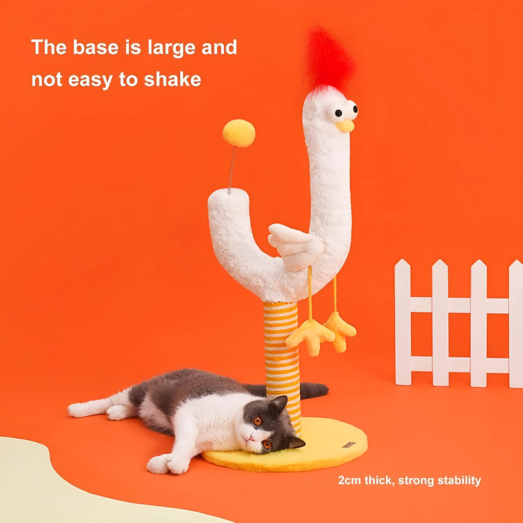 Yellow vertical sisal cat scratching post with chicken design, spring ball, and reinforced solid wood base