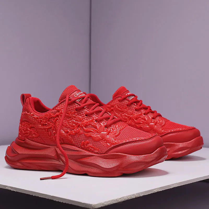 Men's casual fly knit sneakers with Chinese dragon design in various colours