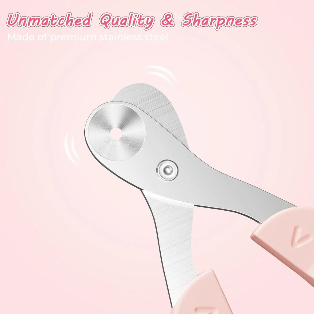 Blue pet nail clipper with a round positioning hole and textured handle on a white background.