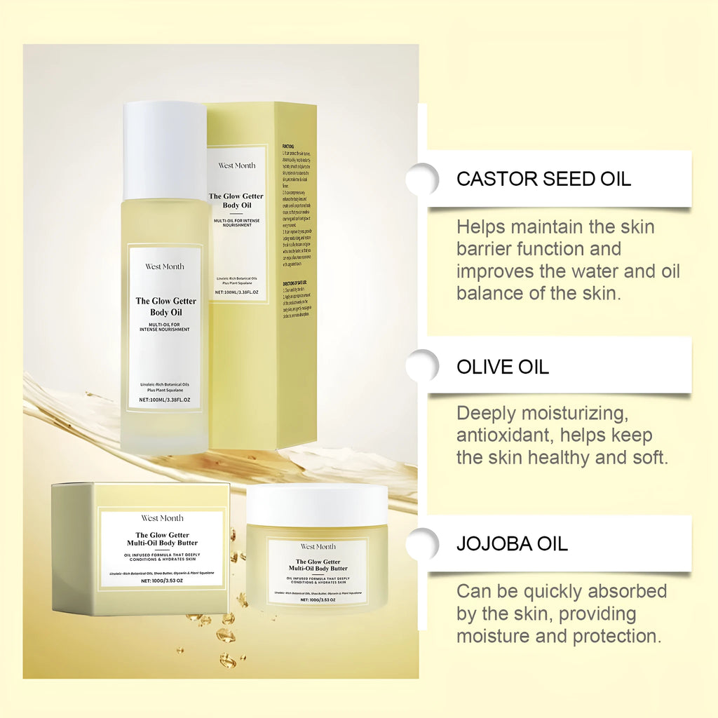 Body care kit with skincare oil bottle and moisturising cream jar for skin massage