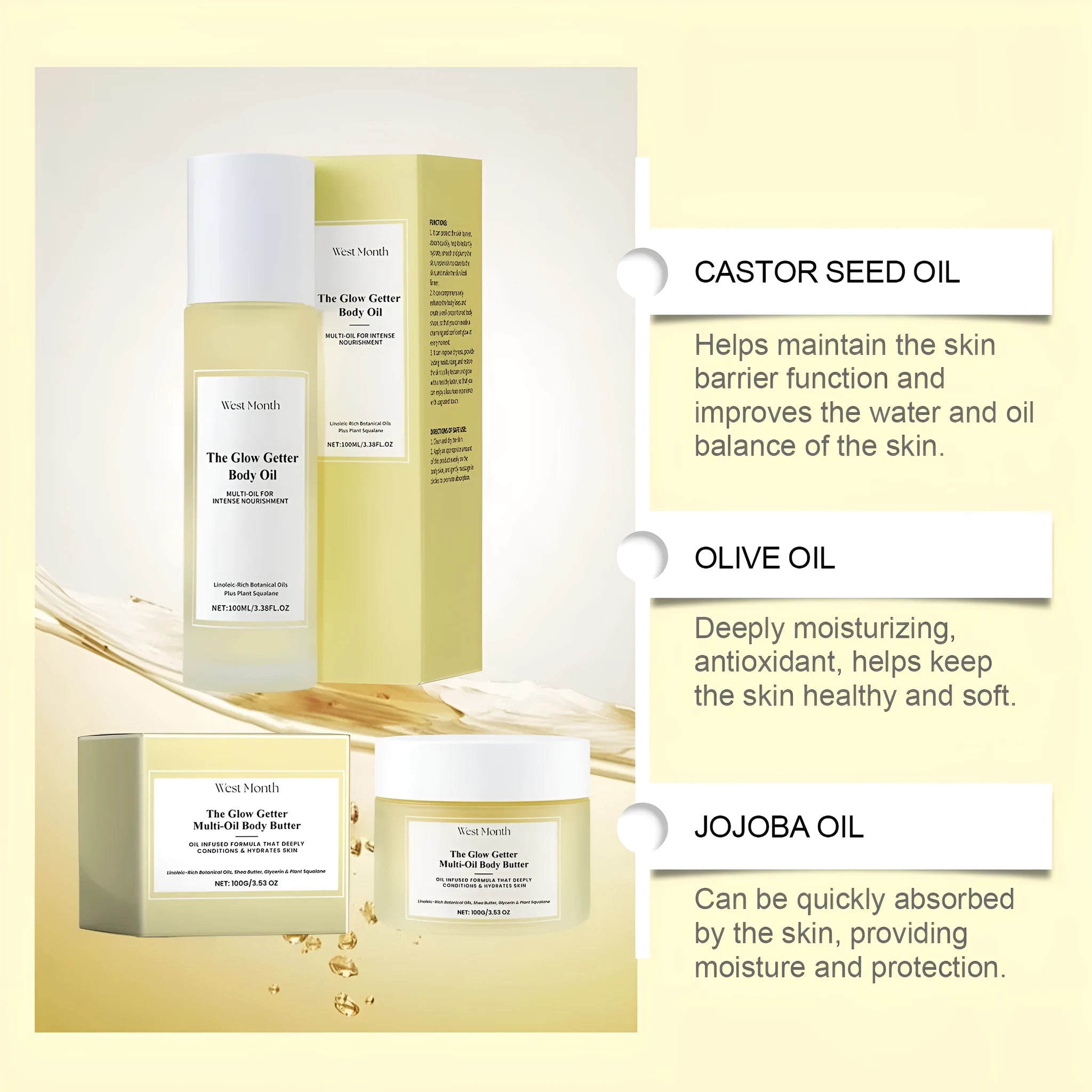 Body care kit with skincare oil bottle and moisturising cream jar for skin massage