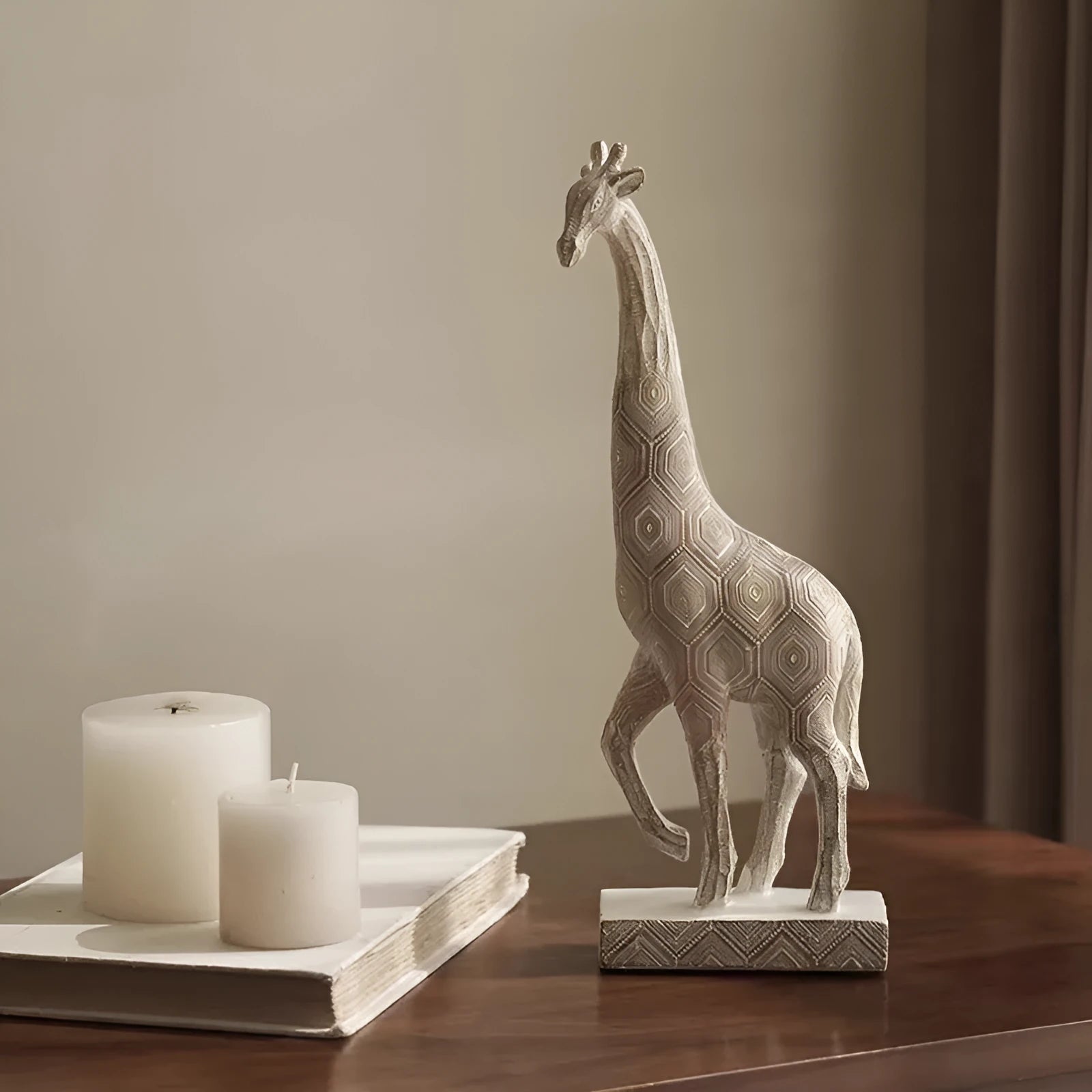 30.5cm tall synthetic resin giraffe ornament in wood colour standing on a shelf