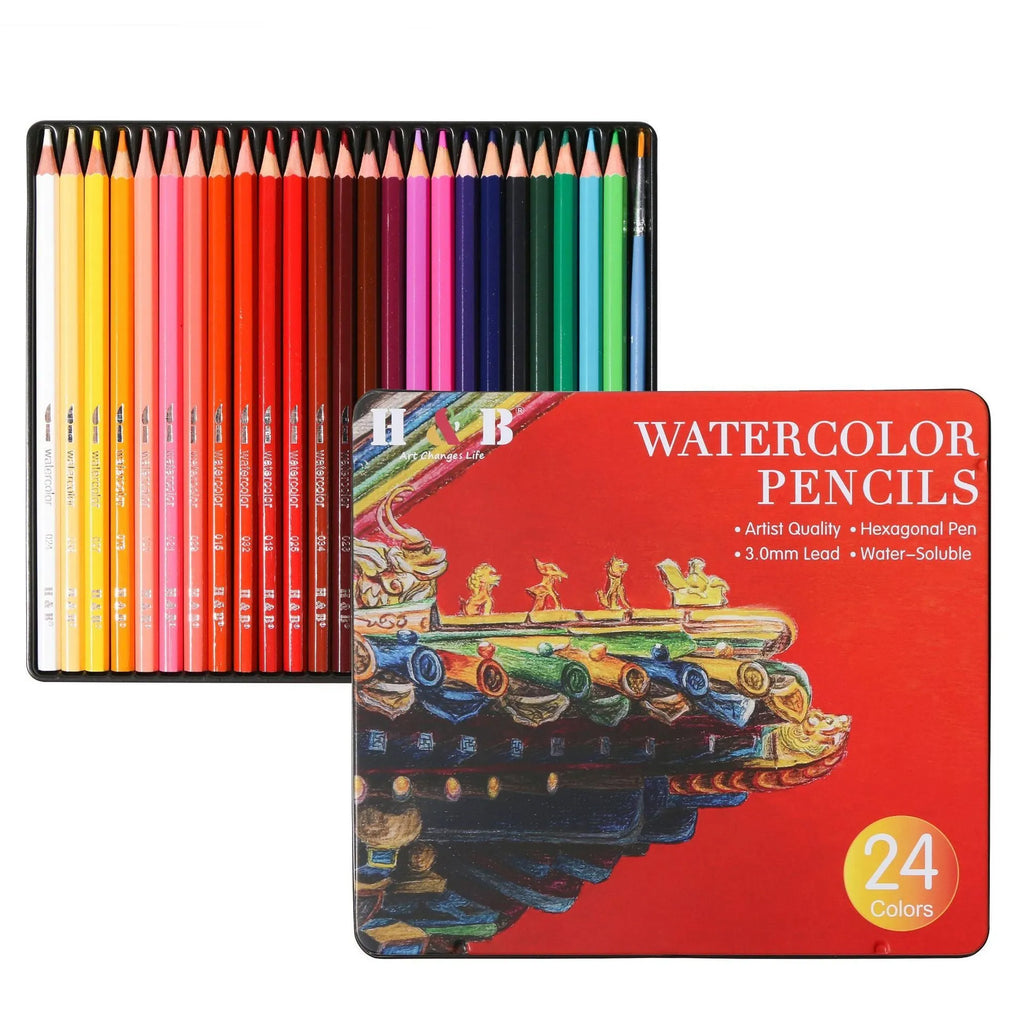 Open iron box showing 24 water-soluble coloured pencils in assorted colours.