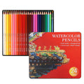 Open iron box showing 24 water-soluble coloured pencils in assorted colours.