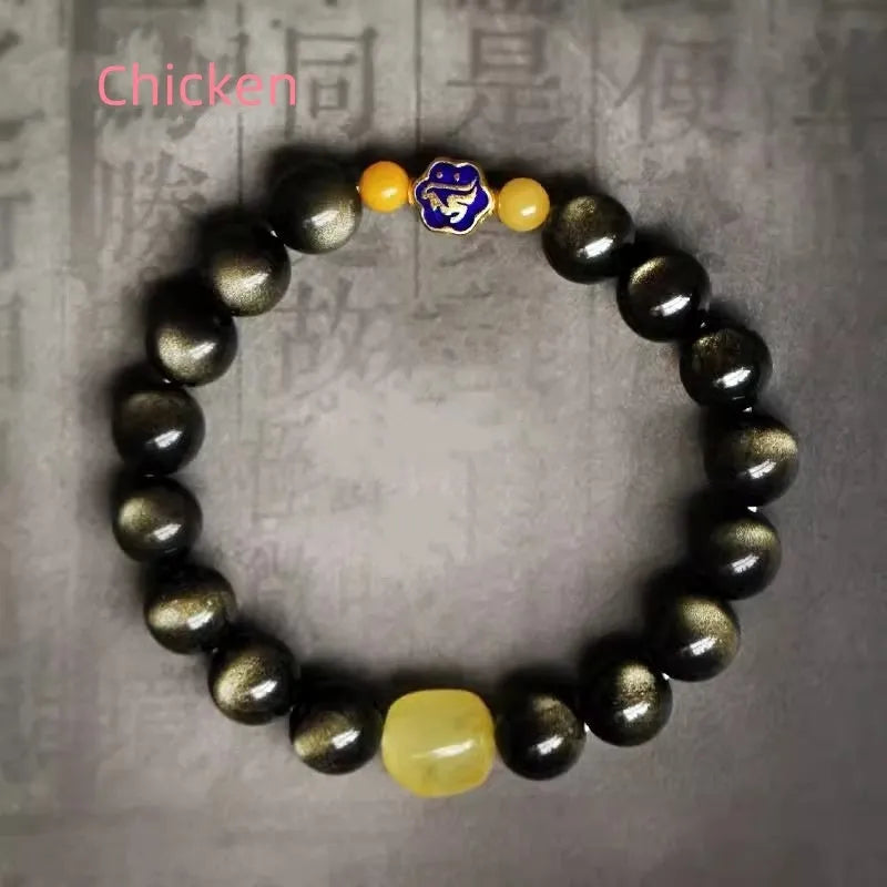Natural golden obsidian ethnic style bracelet with 10mm geometric beads
