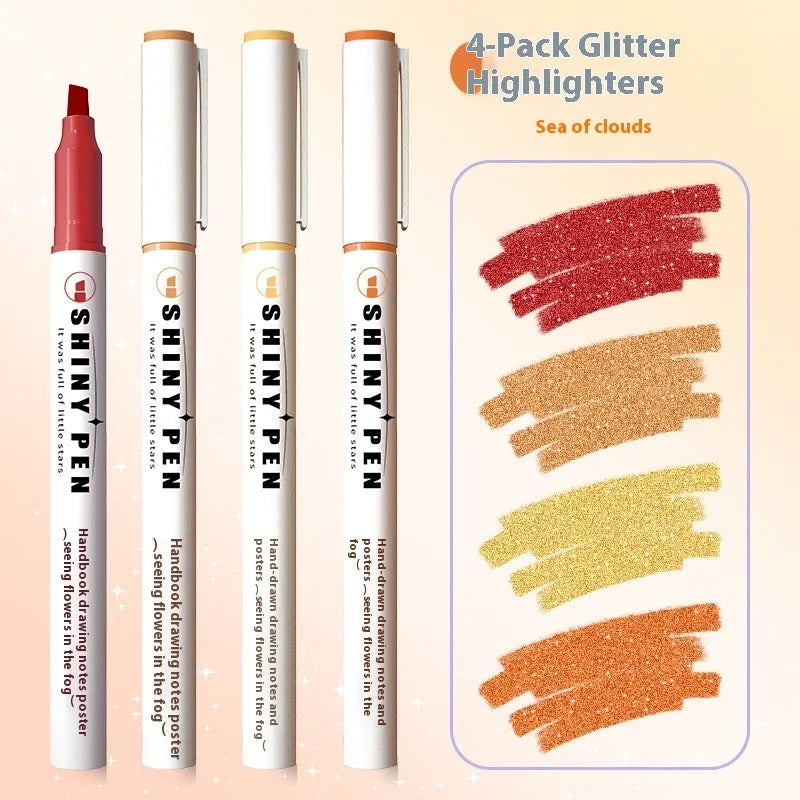 Set of four Sparkling Star River glitter highlighter pens in assorted pastel colours with slanted tips.