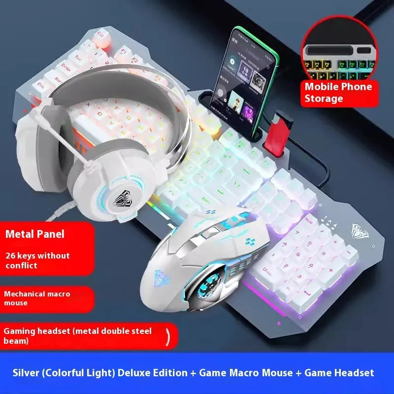 F3010 black and white metal gaming keyboard, mouse, and headset bundle with single-colour LED backlighting.