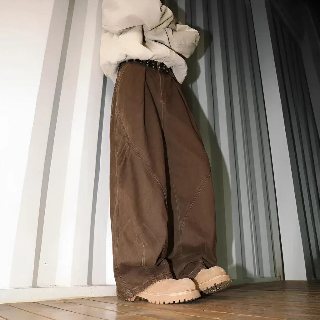 Men's striped pleated trousers with straight leg design in black, brown, or apricot colours