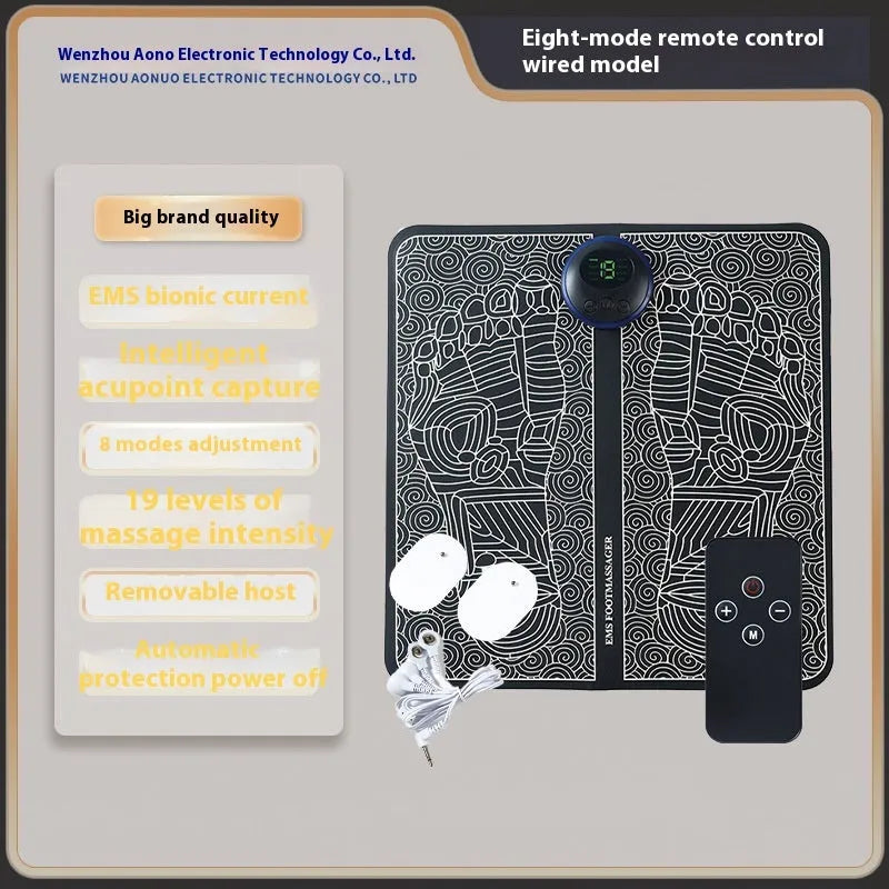 USB rechargeable reflexology foot massager mat with remote control on a wooden floor