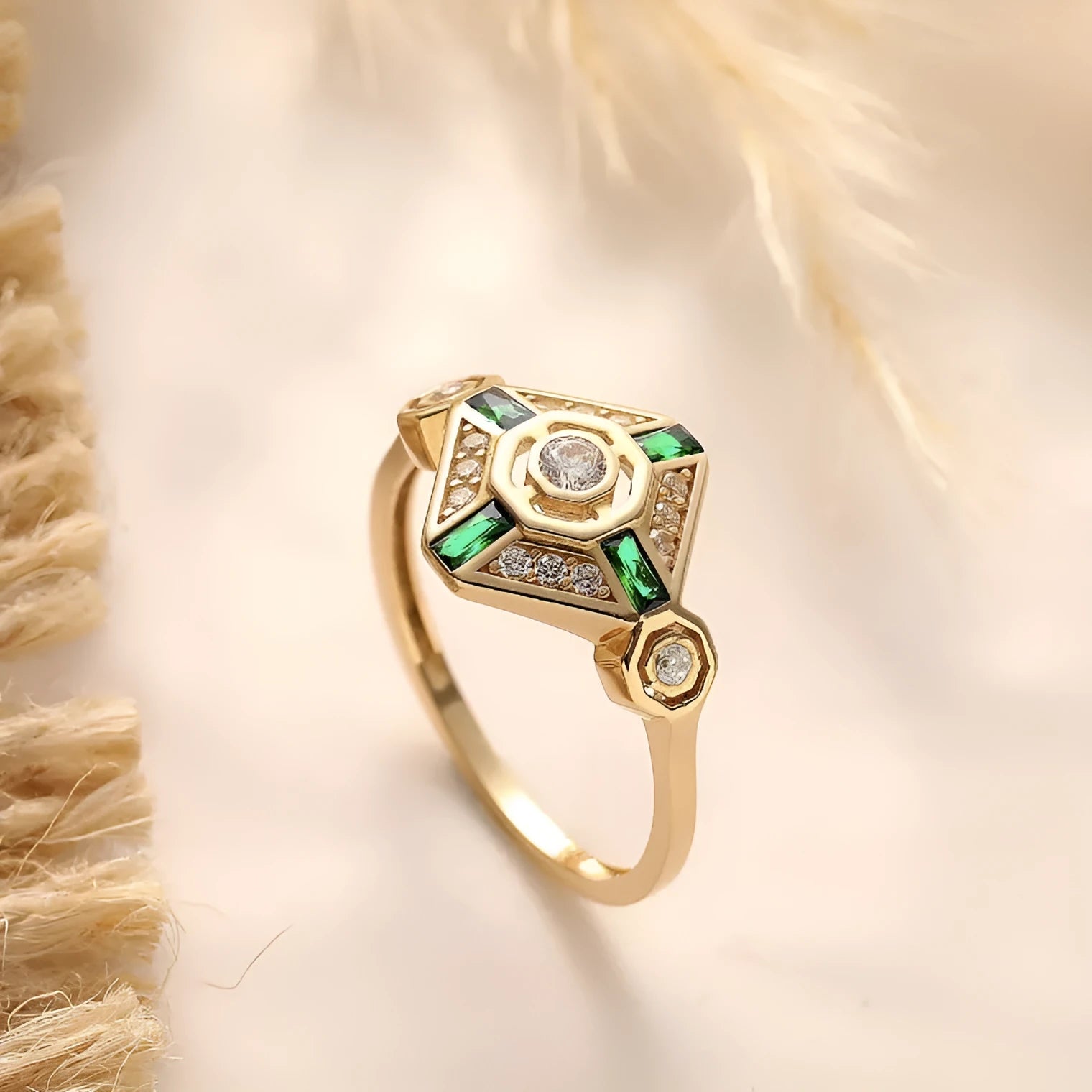 Square geometric emerald diamond fashion ring in lvzuan colour on a white background.