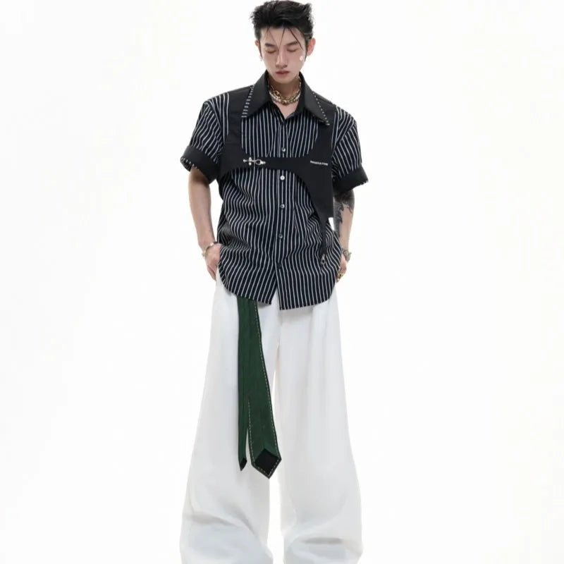 Men's silver sapporo striped cotton shirt with double collar lapel design and short sleeves