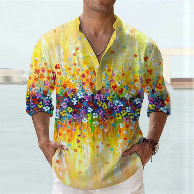 British style short sleeve shirt with 3D digital thermal transfer striped pattern on bamboo hemp fabric