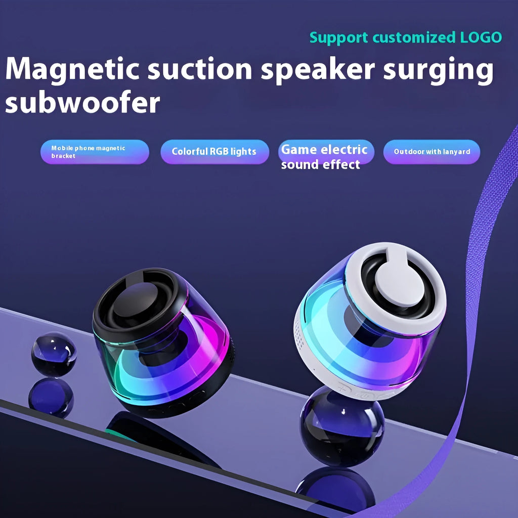 Compact white Bluetooth speaker with ambient lighting effects on metallic surface