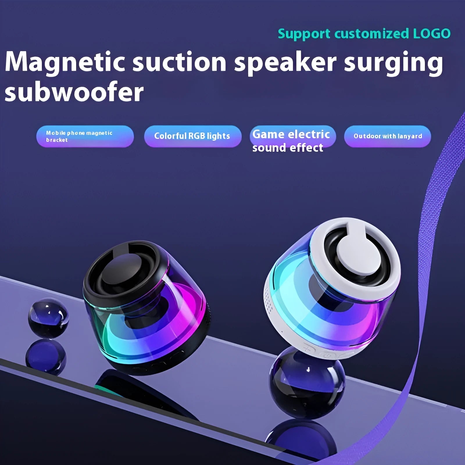 Compact white Bluetooth speaker with ambient lighting effects on metallic surface