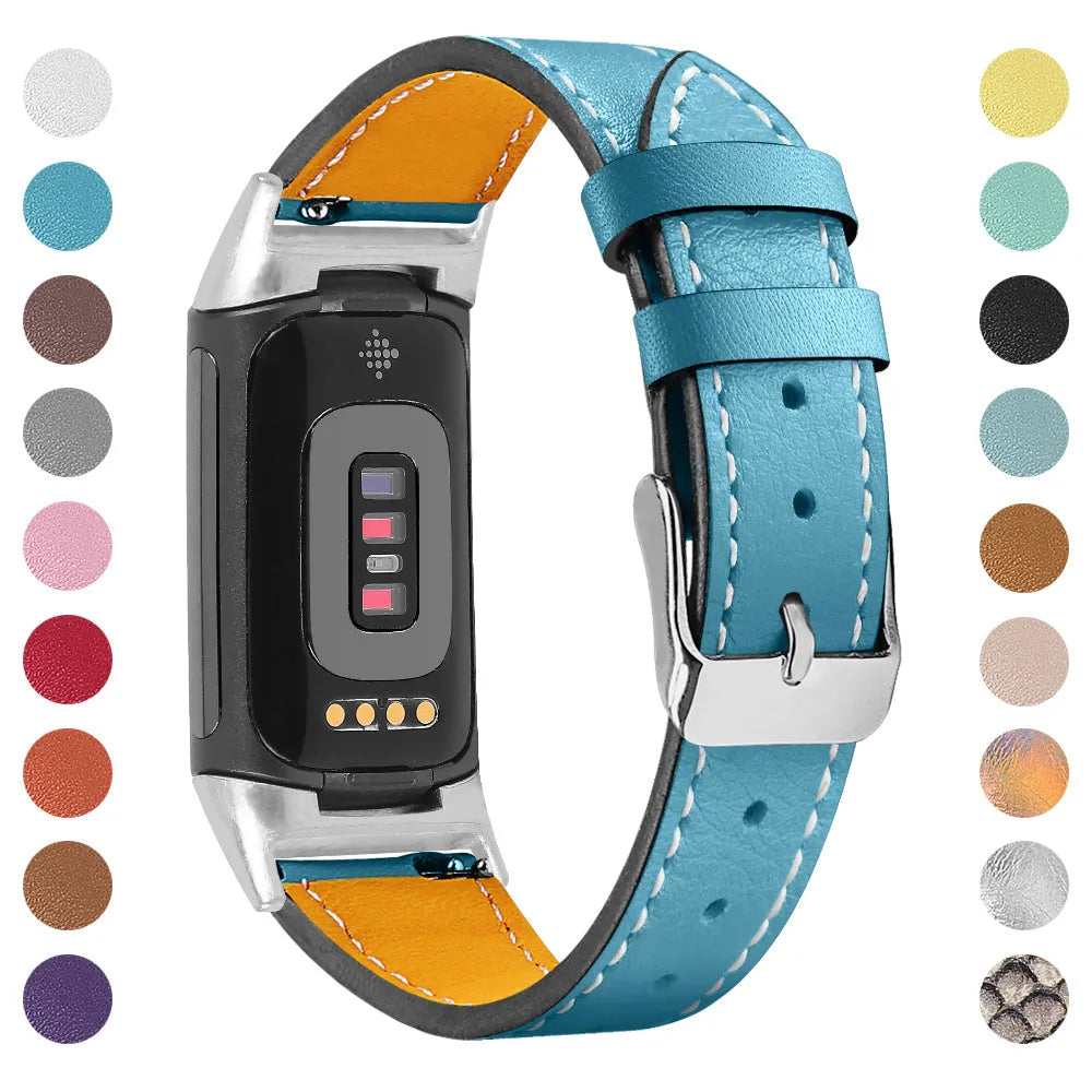 Genuine cowhide leather strap for Fitbit Charge 5 and Charge 6 smartwatch in multiple colour options.