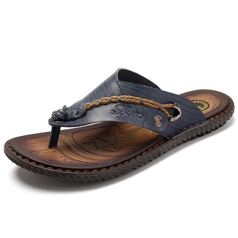 Men's non-slip slippers with PU leather uppers in black, light brown, blue, and khaki colour options