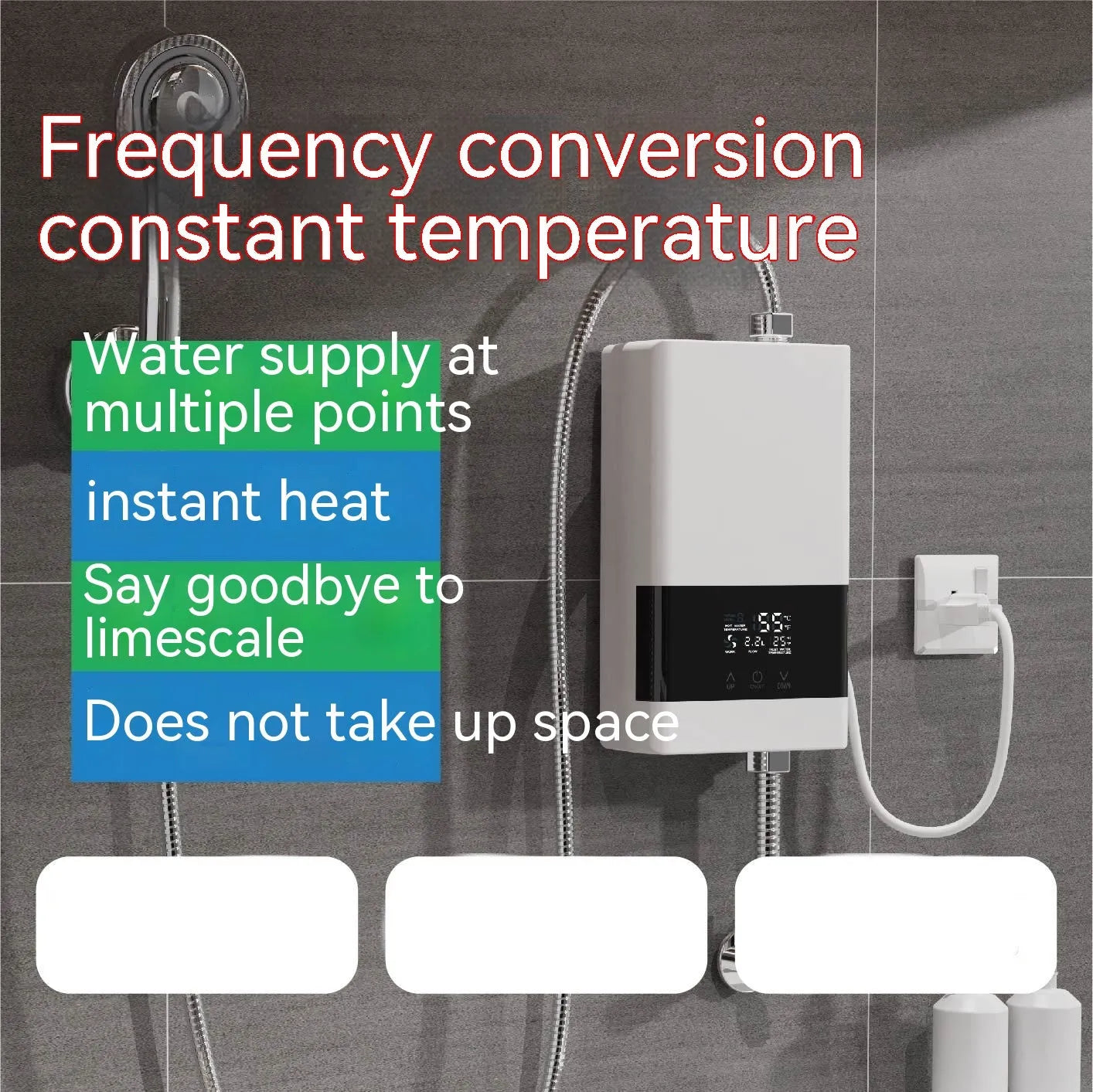 Small constant temperature water heater in gold, silver, or white with LED touch screen display