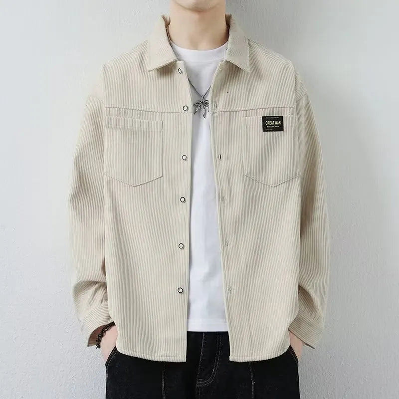 Men's casual long-sleeved corduroy jacket shirt cardigan in black, front view, showing textured fabric
