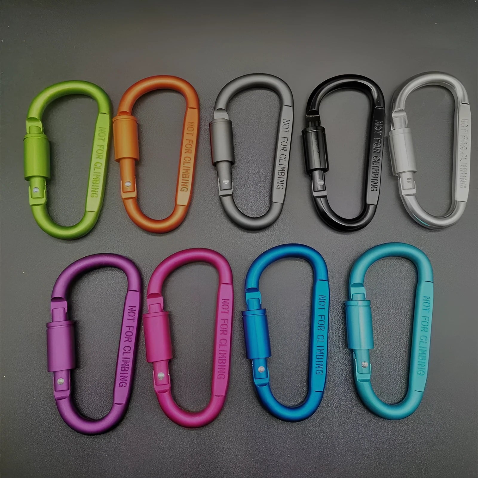 Aluminium D-type locking carabiner showing 8cm flat measurement in various colour options