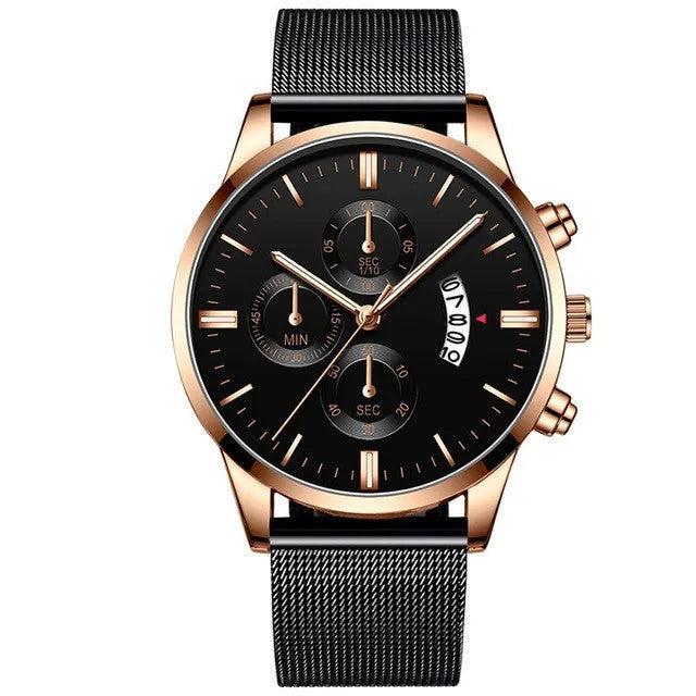 Men's stainless steel quartz watch with mesh band in a two-tone colour option.