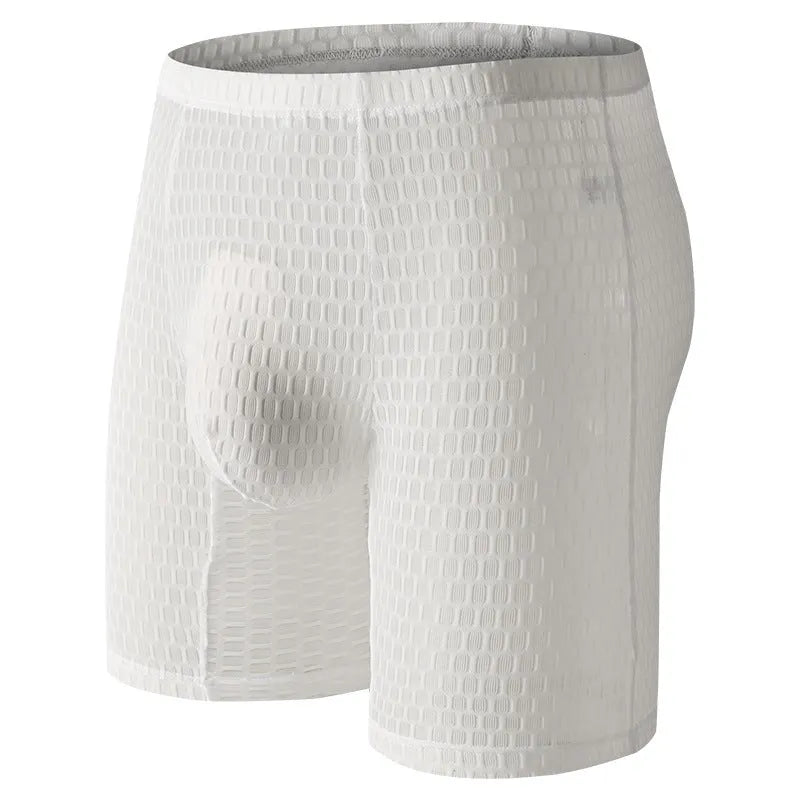 Men's solid colour lace boxer shorts for shaping, shown in multiple colours including rose red and black.
