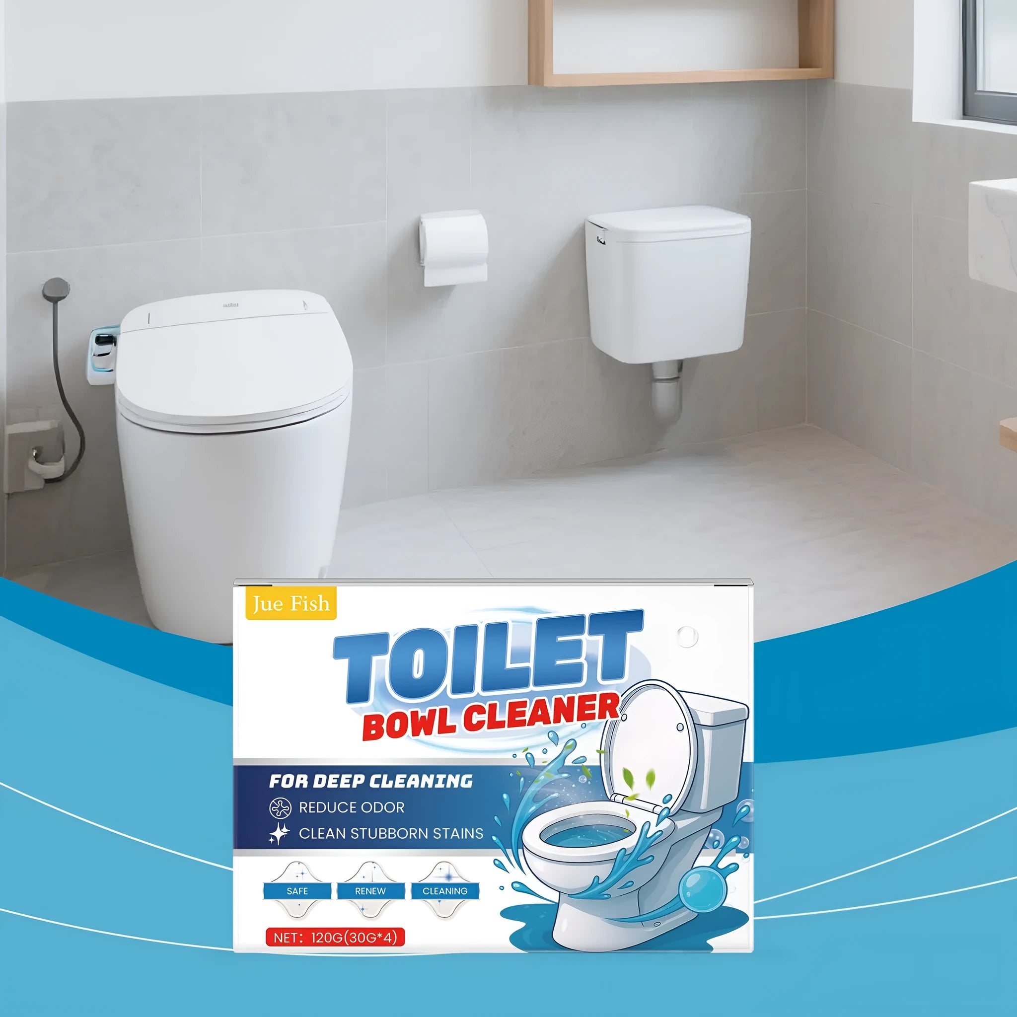 Pack of four sachets of toilet bowl cleaning powder for removing urine stains and odours.