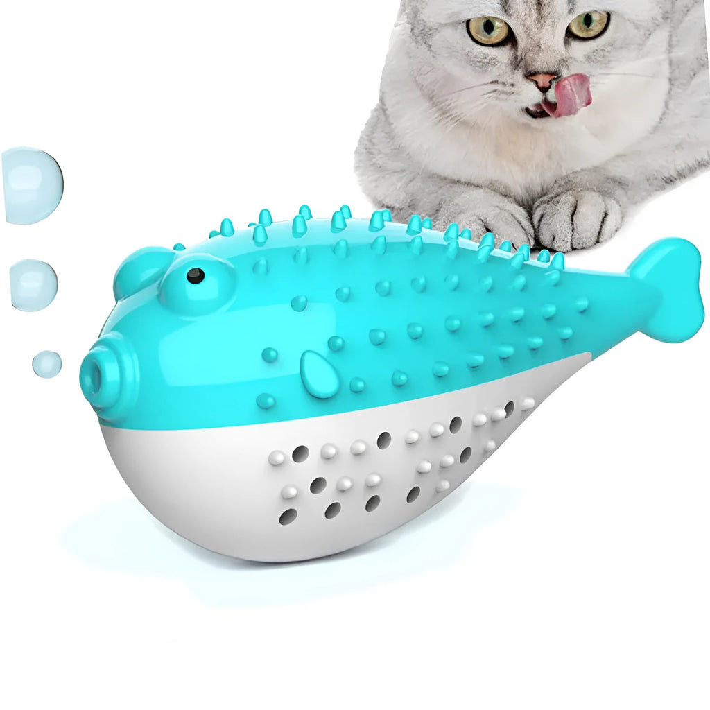 Silicone fish-shaped cat chew toy in blue, measuring 12.2 cm long for interactive play and teeth cleaning