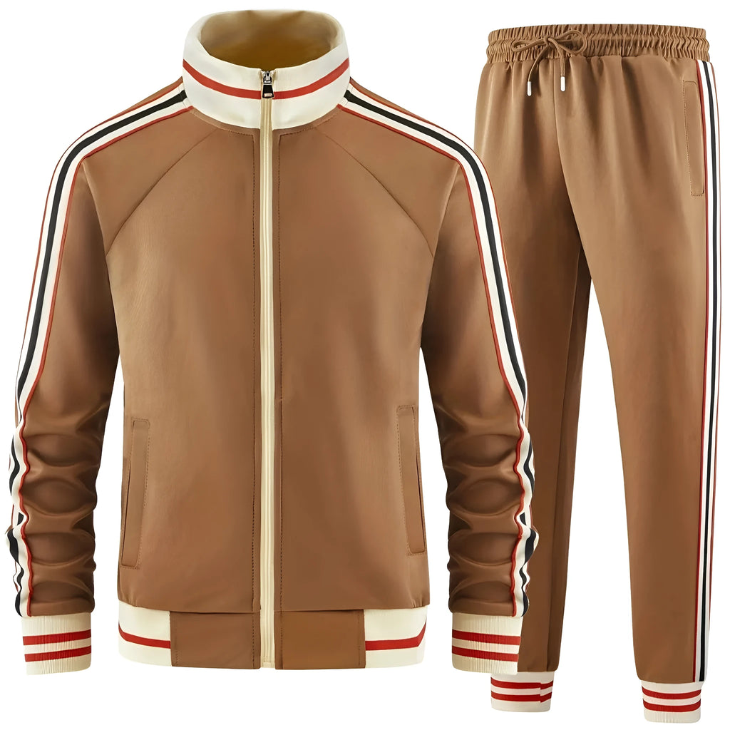 Khaki coloured turtleneck zipper cardigan and matching trousers leisure suit on a hanger.