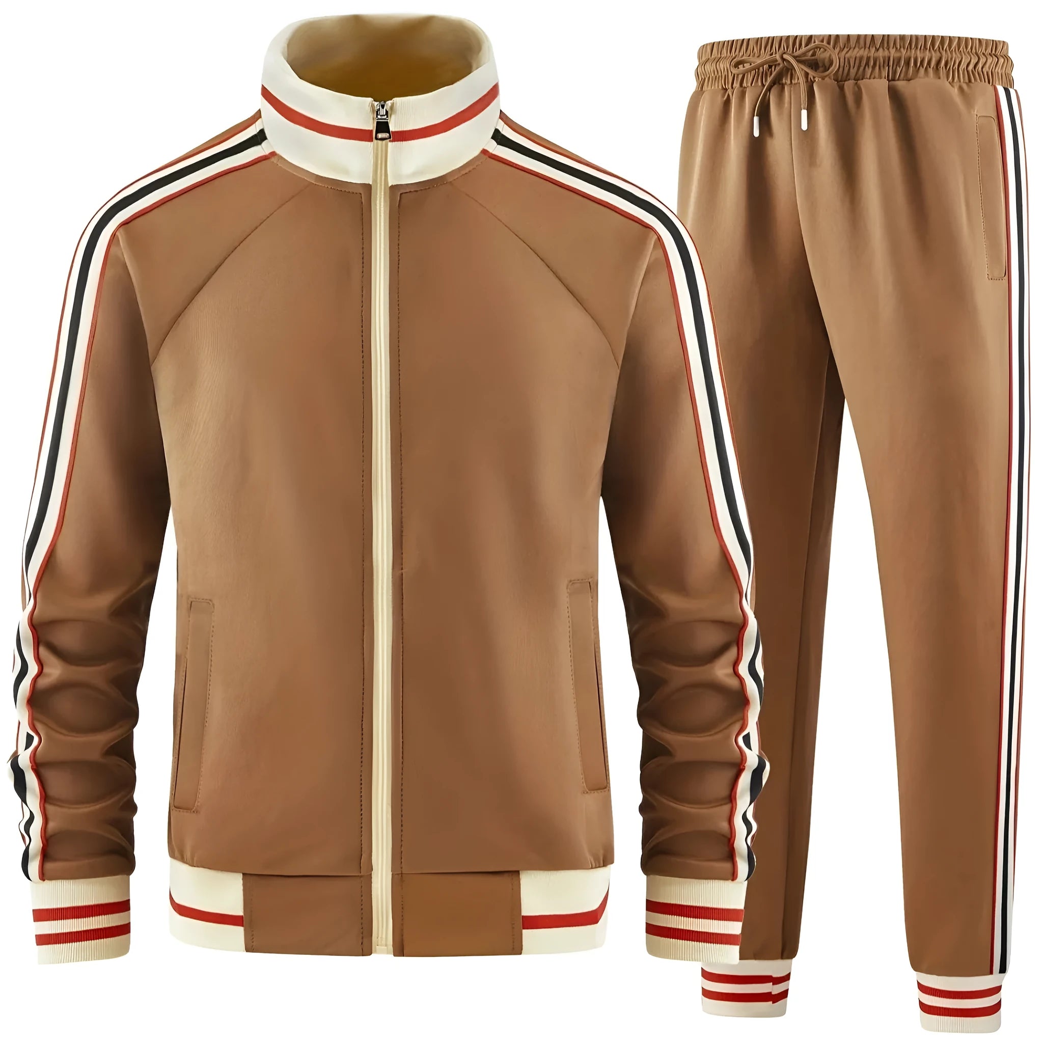 Khaki coloured turtleneck zipper cardigan and matching trousers leisure suit on a hanger.