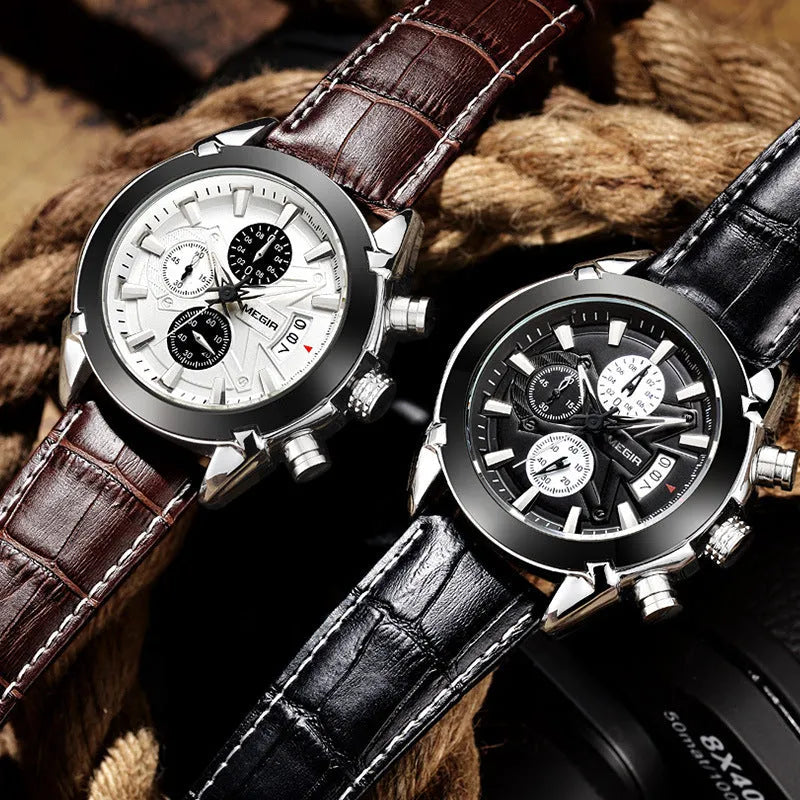 Men's quartz chronograph watch with three subdials showing black dial option