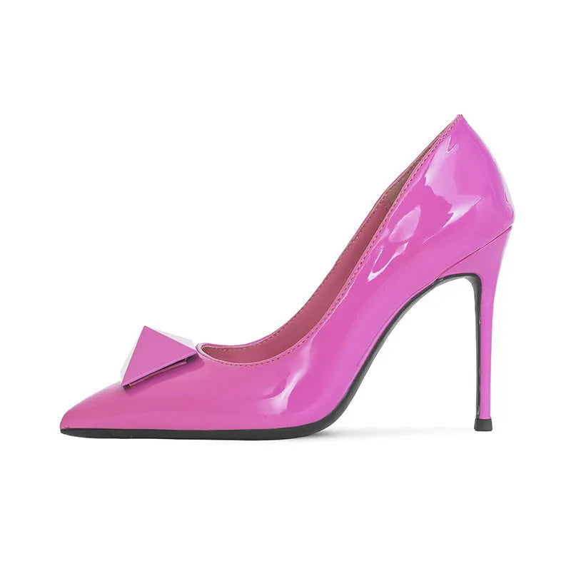 Women's pink patent leather pointed toe stiletto high heels with buckle and rivet decoration