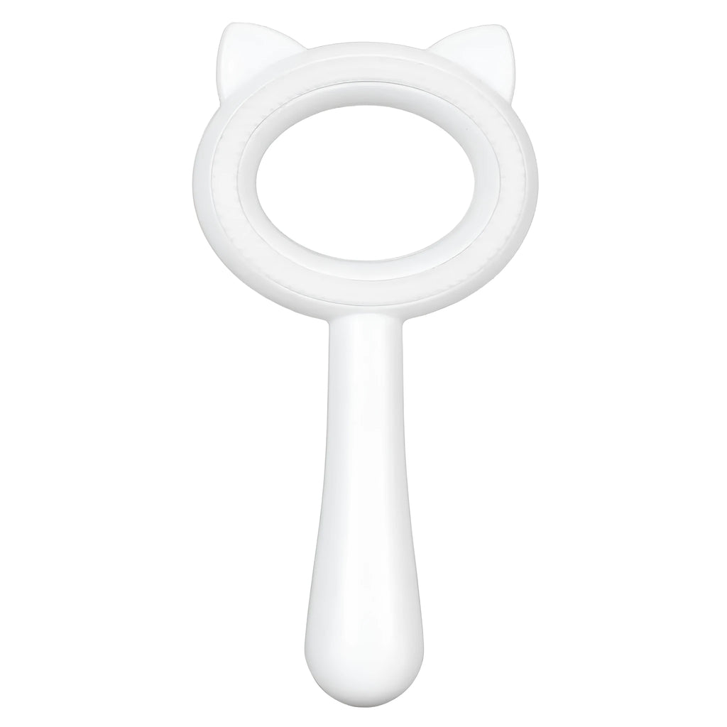 Blue and white double-sided pet grooming brush with quick-clean button and ergonomic handle for cats and dogs