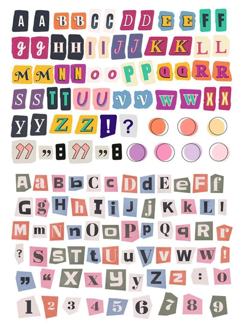 Decorative sticker sets showing English letters, numbers, and week words in colourful printed designs for crafting and labelling